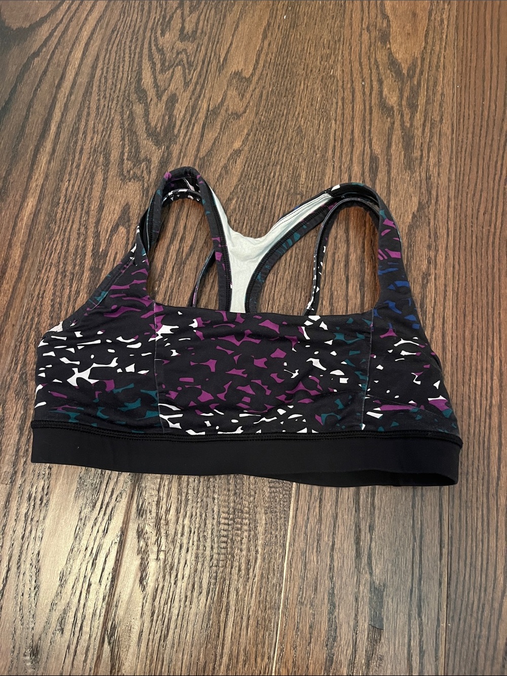 lululemon athletica Black Sports Bra with Purple & Teal Print